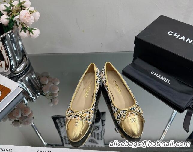 Luxury Chanel Classic Tweed and Grosgrain Flat Ballerinas Gold/Multicolor 724025