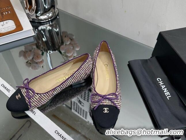 Discount Chanel Classic Tweed and Grosgrain Flat Ballerinas Purple 724026