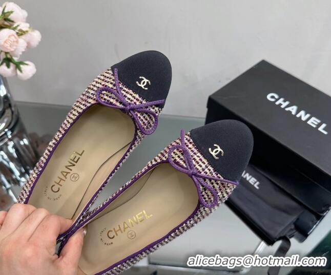 Discount Chanel Classic Tweed and Grosgrain Flat Ballerinas Purple 724026