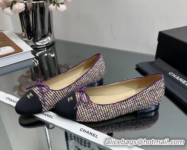 Discount Chanel Classic Tweed and Grosgrain Flat Ballerinas Purple 724026