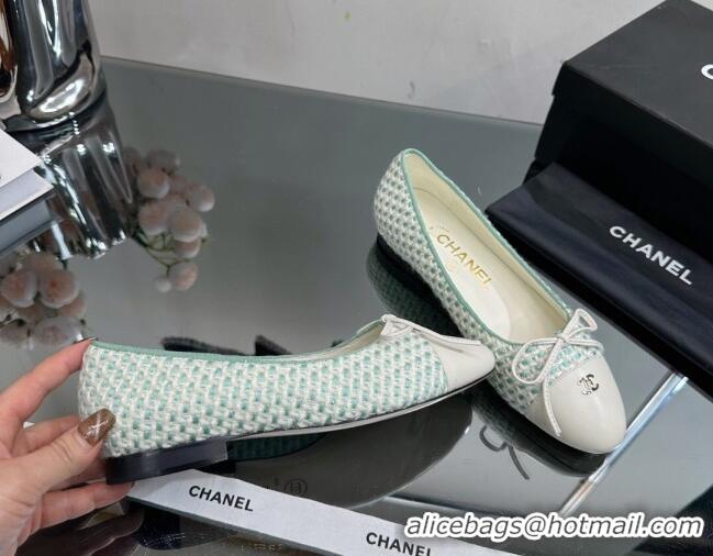 Low Cost Chanel Classic Tweed and Grosgrain Flat Ballerinas Light Green 724027