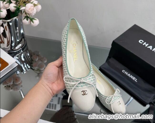 Low Cost Chanel Classic Tweed and Grosgrain Flat Ballerinas Light Green 724027