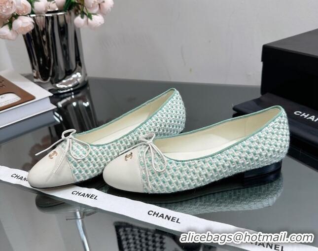 Low Cost Chanel Classic Tweed and Grosgrain Flat Ballerinas Light Green 724027