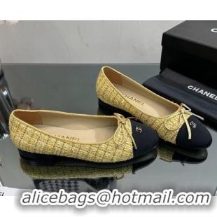 Luxurious Chanel Classic Tweed and Grosgrain Flat Ballerinas Yellow 724028