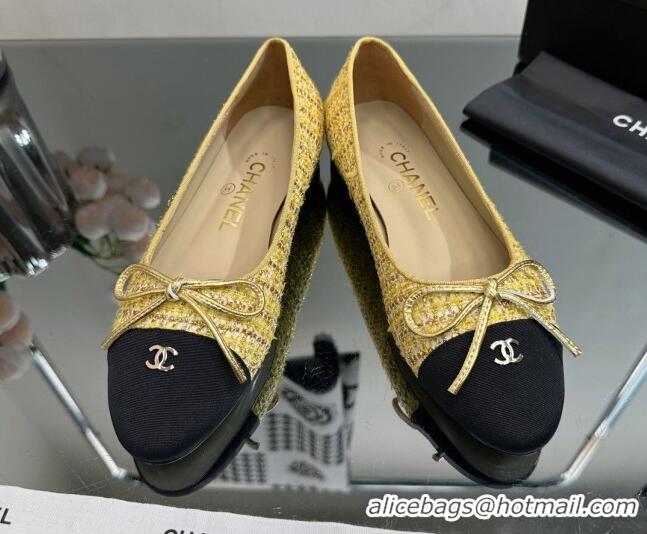 Luxurious Chanel Classic Tweed and Grosgrain Flat Ballerinas Yellow 724028