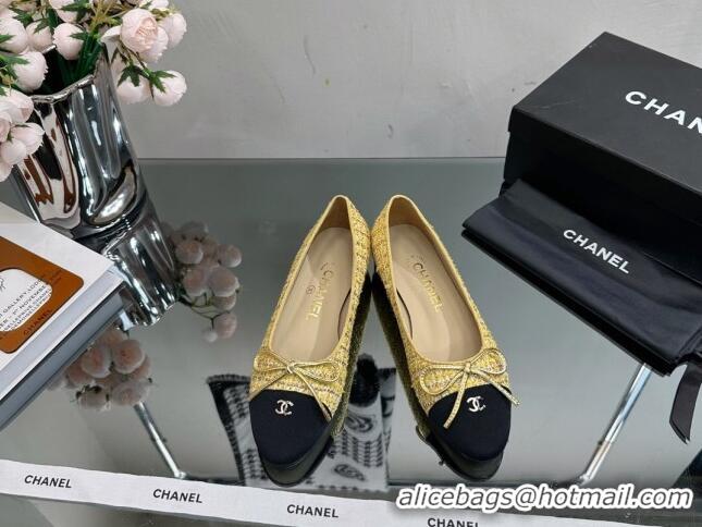 Luxurious Chanel Classic Tweed and Grosgrain Flat Ballerinas Yellow 724028