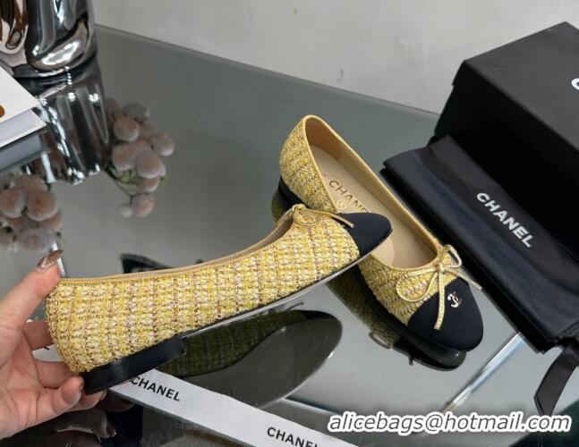 Luxurious Chanel Classic Tweed and Grosgrain Flat Ballerinas Yellow 724028