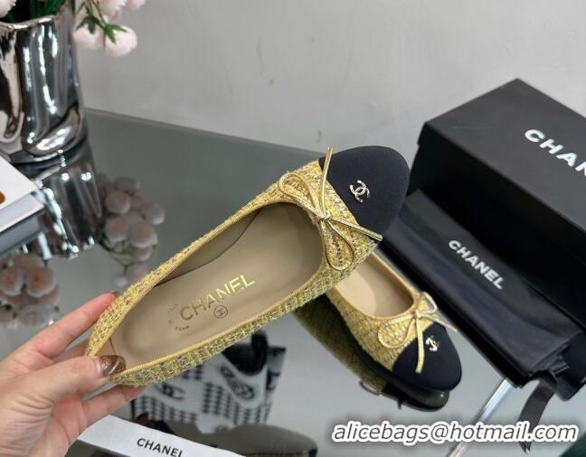 Luxurious Chanel Classic Tweed and Grosgrain Flat Ballerinas Yellow 724028