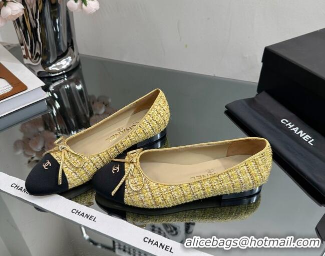 Luxurious Chanel Classic Tweed and Grosgrain Flat Ballerinas Yellow 724028