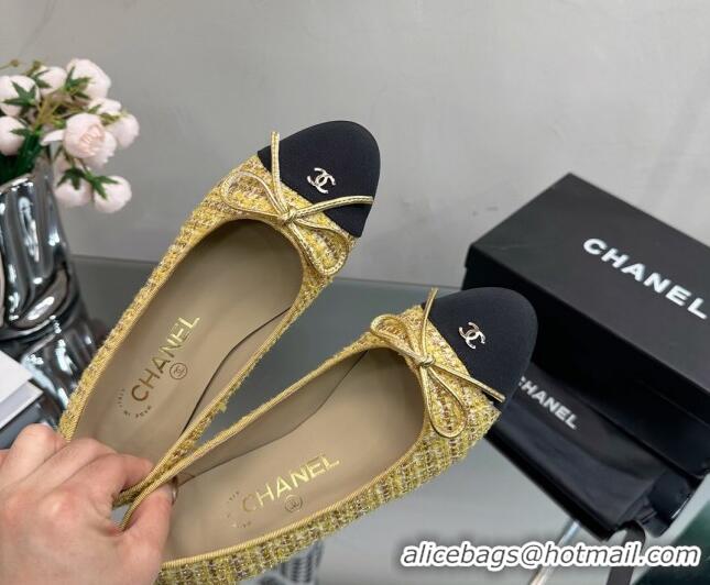 Luxurious Chanel Classic Tweed and Grosgrain Flat Ballerinas Yellow 724028