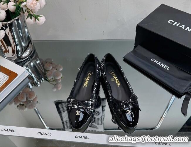 AAAAA Chanel Classic Tweed and Patent Leather Flat Ballerinas Black/White 724029