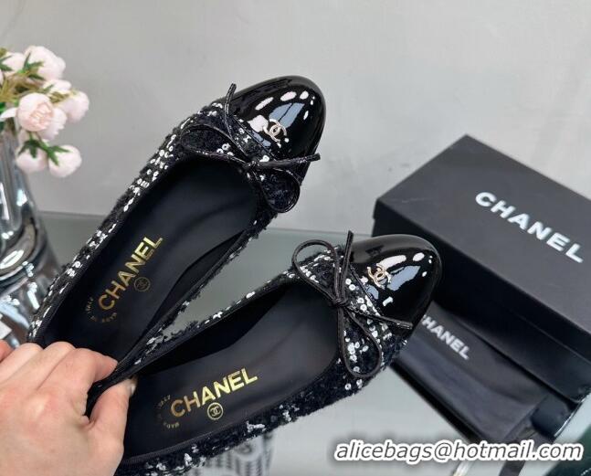 AAAAA Chanel Classic Tweed and Patent Leather Flat Ballerinas Black/White 724029