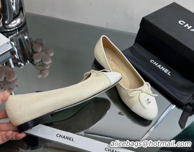 Super Quality Chanel Classic Fabric and Grosgrain Flat Ballerinas Light Beige 724031