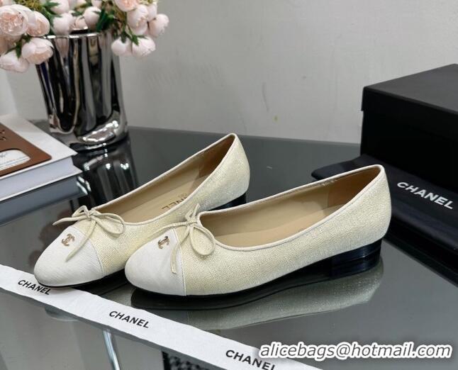 Super Quality Chanel Classic Fabric and Grosgrain Flat Ballerinas Light Beige 724031