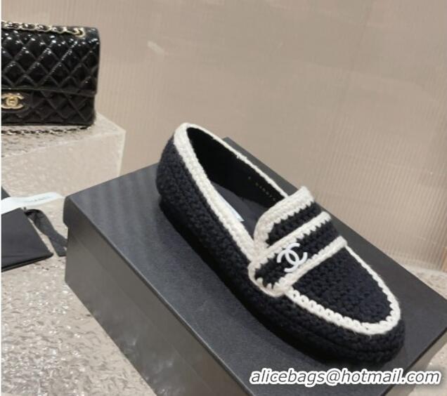 Perfect Chanel Crochet Flat Loafers Black 724039