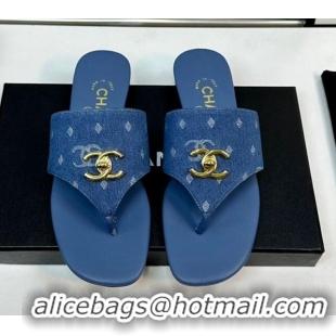 Crafted Chanel Denim Flat Slide Thong Sandals with CC Medium Blue 724040