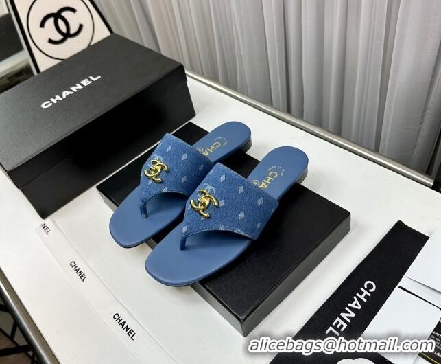 Crafted Chanel Denim Flat Slide Thong Sandals with CC Medium Blue 724040