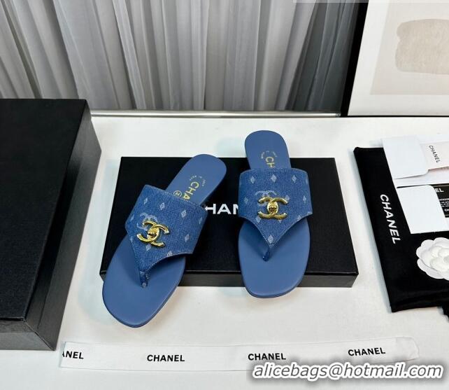 Crafted Chanel Denim Flat Slide Thong Sandals with CC Medium Blue 724040