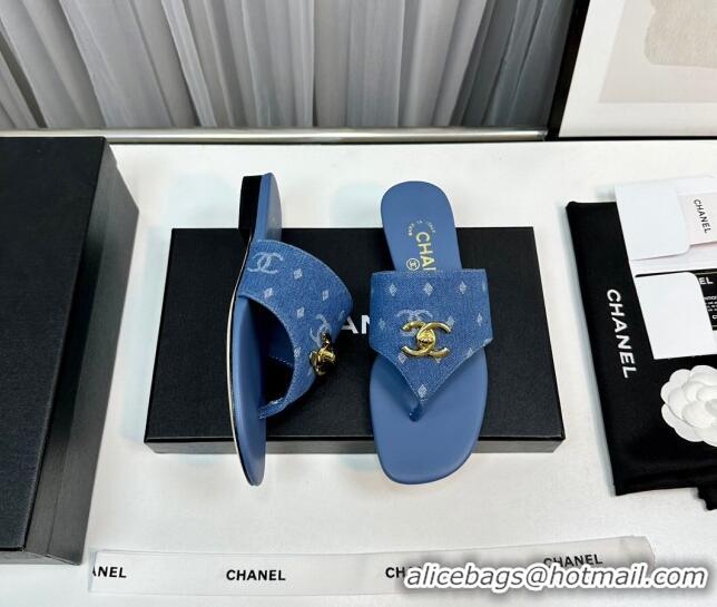 Crafted Chanel Denim Flat Slide Thong Sandals with CC Medium Blue 724040