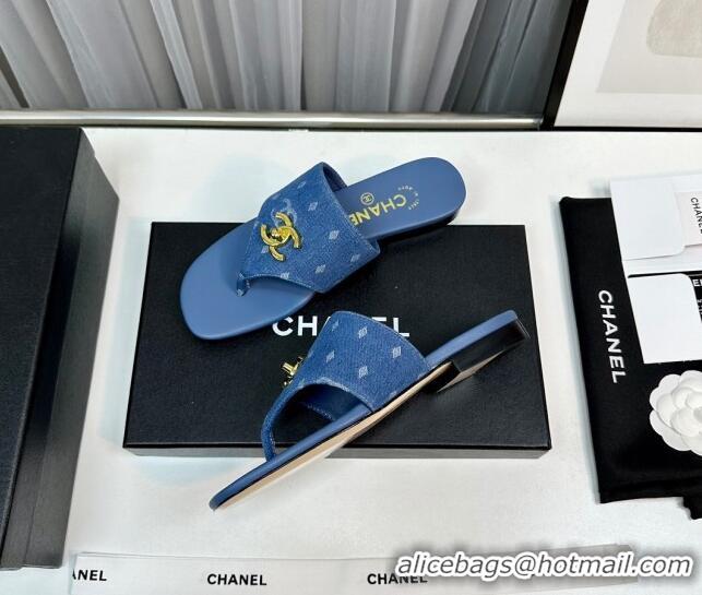 Crafted Chanel Denim Flat Slide Thong Sandals with CC Medium Blue 724040