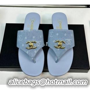 Popular Style Chanel Denim Flat Slide Thong Sandals with CC Light Blue 724041