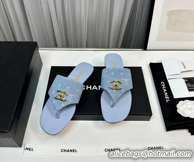 Popular Style Chanel Denim Flat Slide Thong Sandals with CC Light Blue 724041