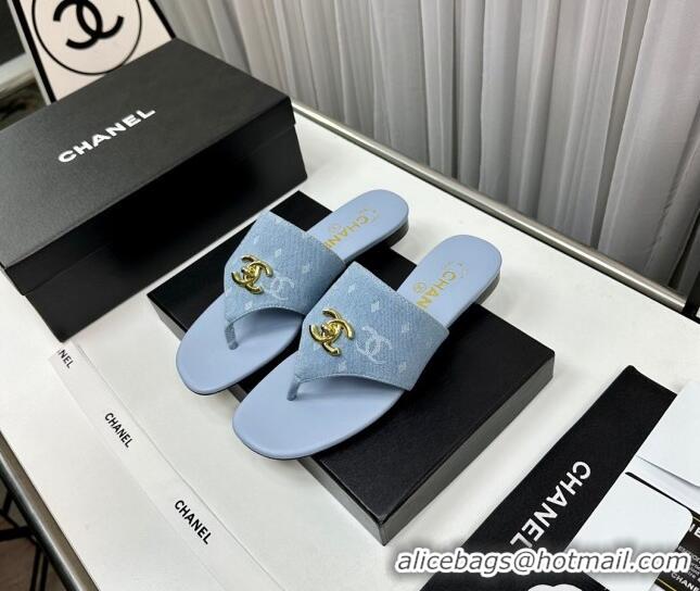 Popular Style Chanel Denim Flat Slide Thong Sandals with CC Light Blue 724041