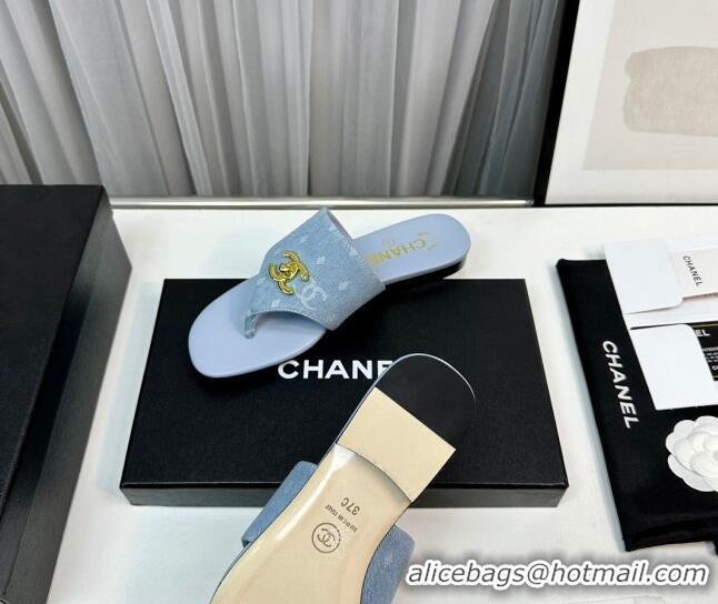 Popular Style Chanel Denim Flat Slide Thong Sandals with CC Light Blue 724041