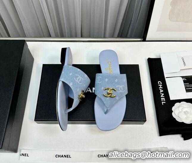 Popular Style Chanel Denim Flat Slide Thong Sandals with CC Light Blue 724041