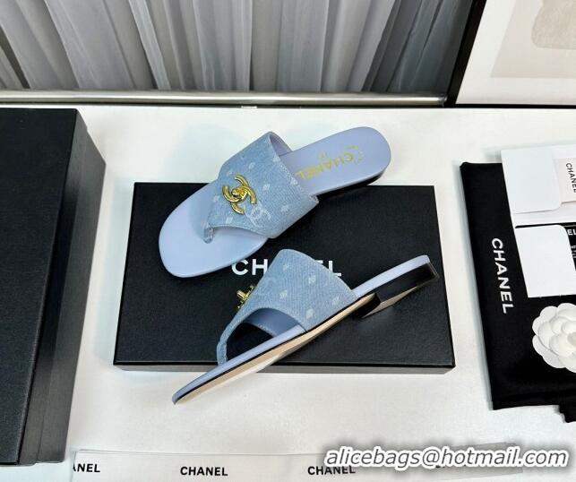 Popular Style Chanel Denim Flat Slide Thong Sandals with CC Light Blue 724041