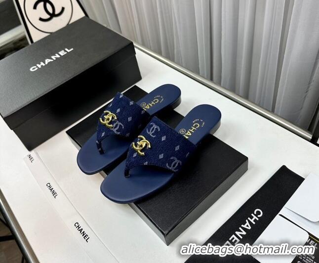 Most Popular Chanel Denim Flat Slide Thong Sandals with CC Dark Blue 724042