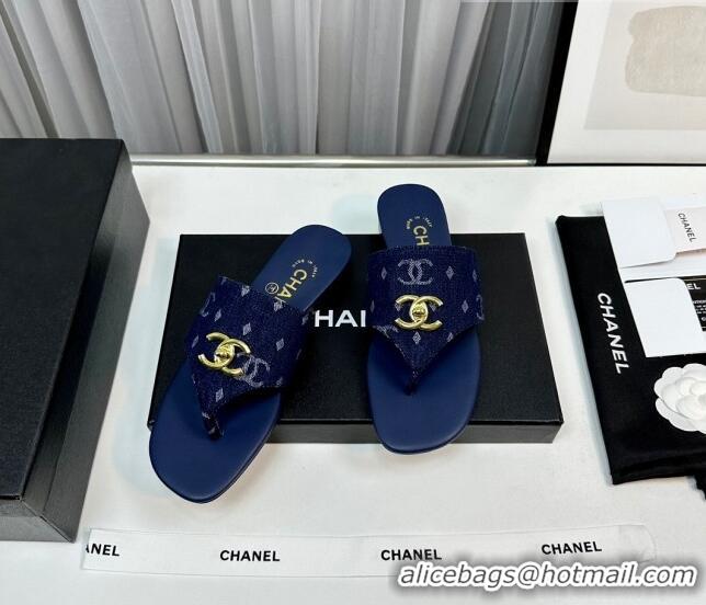 Most Popular Chanel Denim Flat Slide Thong Sandals with CC Dark Blue 724042