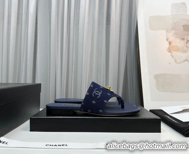 Most Popular Chanel Denim Flat Slide Thong Sandals with CC Dark Blue 724042