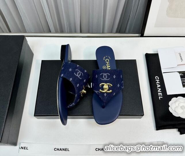 Most Popular Chanel Denim Flat Slide Thong Sandals with CC Dark Blue 724042