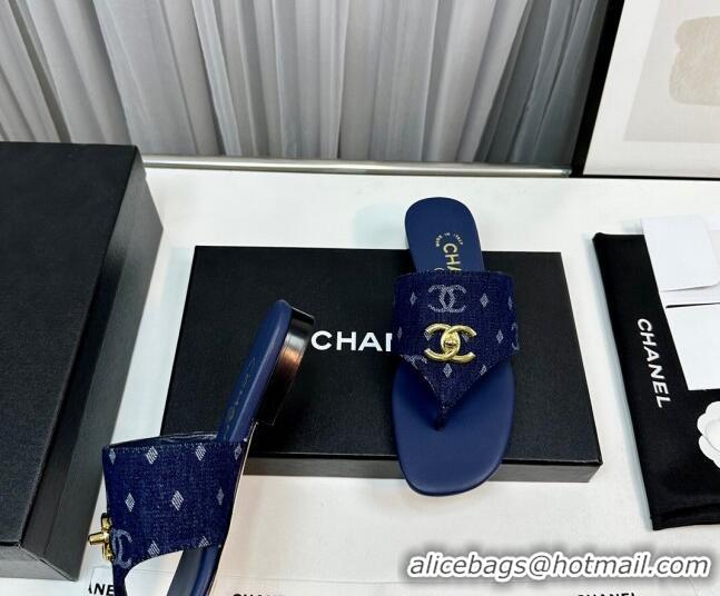 Most Popular Chanel Denim Flat Slide Thong Sandals with CC Dark Blue 724042