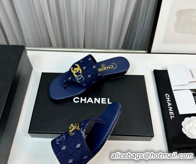 Most Popular Chanel Denim Flat Slide Thong Sandals with CC Dark Blue 724042