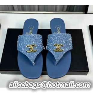 Best Product Chanel Fringe Denim Flat Slide Thong Sandals with CC Medium Blue 724043