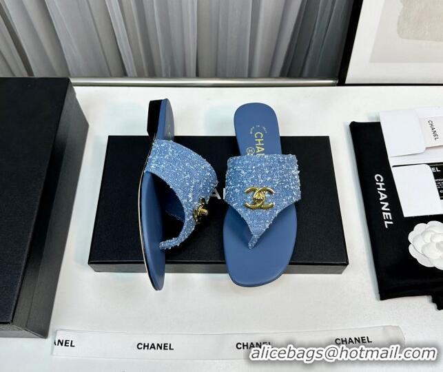 Best Product Chanel Fringe Denim Flat Slide Thong Sandals with CC Medium Blue 724043