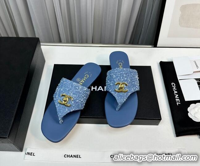 Best Product Chanel Fringe Denim Flat Slide Thong Sandals with CC Medium Blue 724043