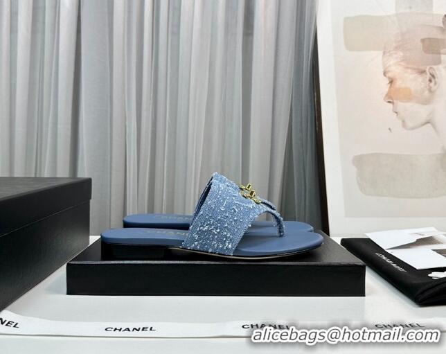 Best Product Chanel Fringe Denim Flat Slide Thong Sandals with CC Medium Blue 724043