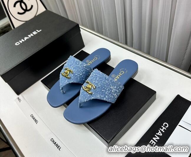 Best Product Chanel Fringe Denim Flat Slide Thong Sandals with CC Medium Blue 724043