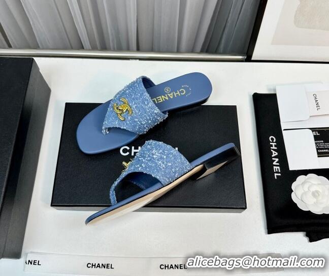 Best Product Chanel Fringe Denim Flat Slide Thong Sandals with CC Medium Blue 724043