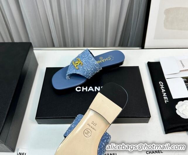 Best Product Chanel Fringe Denim Flat Slide Thong Sandals with CC Medium Blue 724043