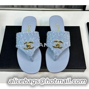 Unique Style Chanel Fringe Denim Flat Slide Thong Sandals with CC Light Blue 724044