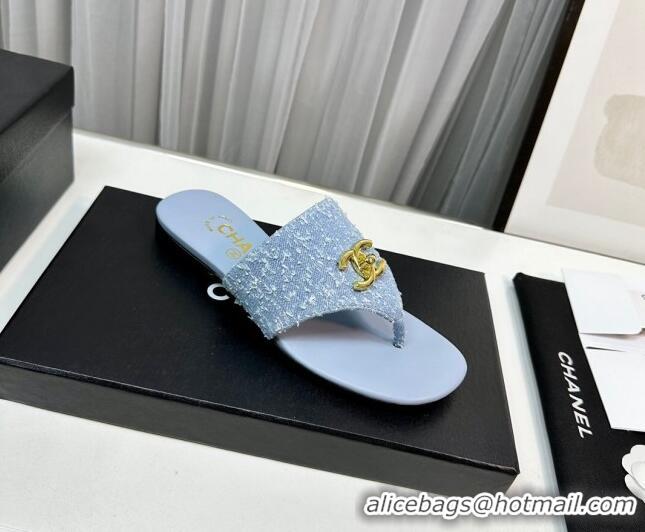 Unique Style Chanel Fringe Denim Flat Slide Thong Sandals with CC Light Blue 724044