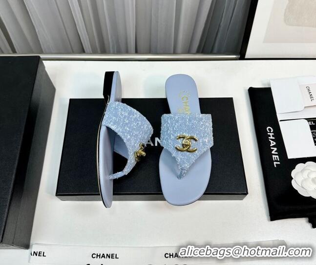 Unique Style Chanel Fringe Denim Flat Slide Thong Sandals with CC Light Blue 724044