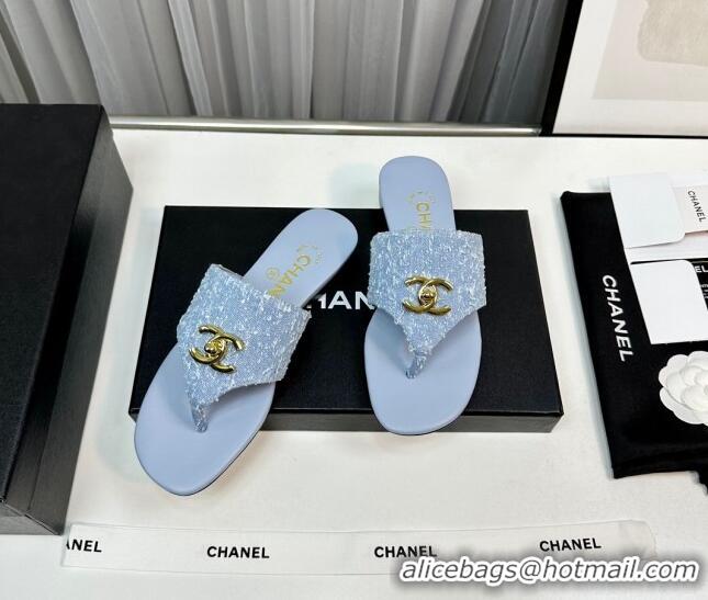 Unique Style Chanel Fringe Denim Flat Slide Thong Sandals with CC Light Blue 724044