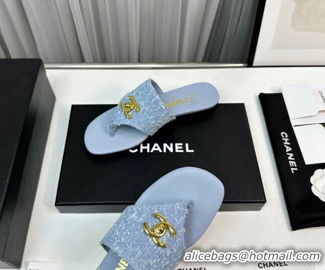 Unique Style Chanel Fringe Denim Flat Slide Thong Sandals with CC Light Blue 724044