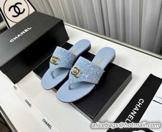 Unique Style Chanel Fringe Denim Flat Slide Thong Sandals with CC Light Blue 724044