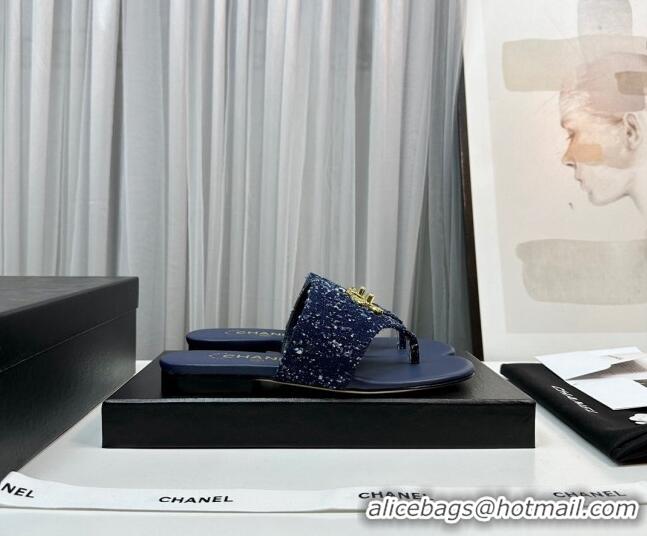 Low Price Chanel Fringe Denim Flat Slide Thong Sandals with CC Dark Blue 724045